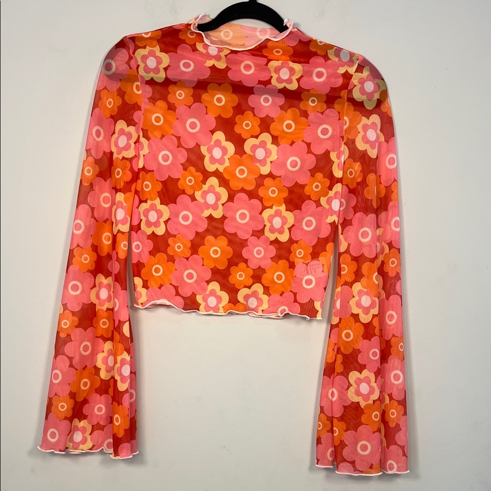 H&M Women's Sheer Butterfly Sleeve‎ Orange Pink Red Floral 70's Cropped Shirt